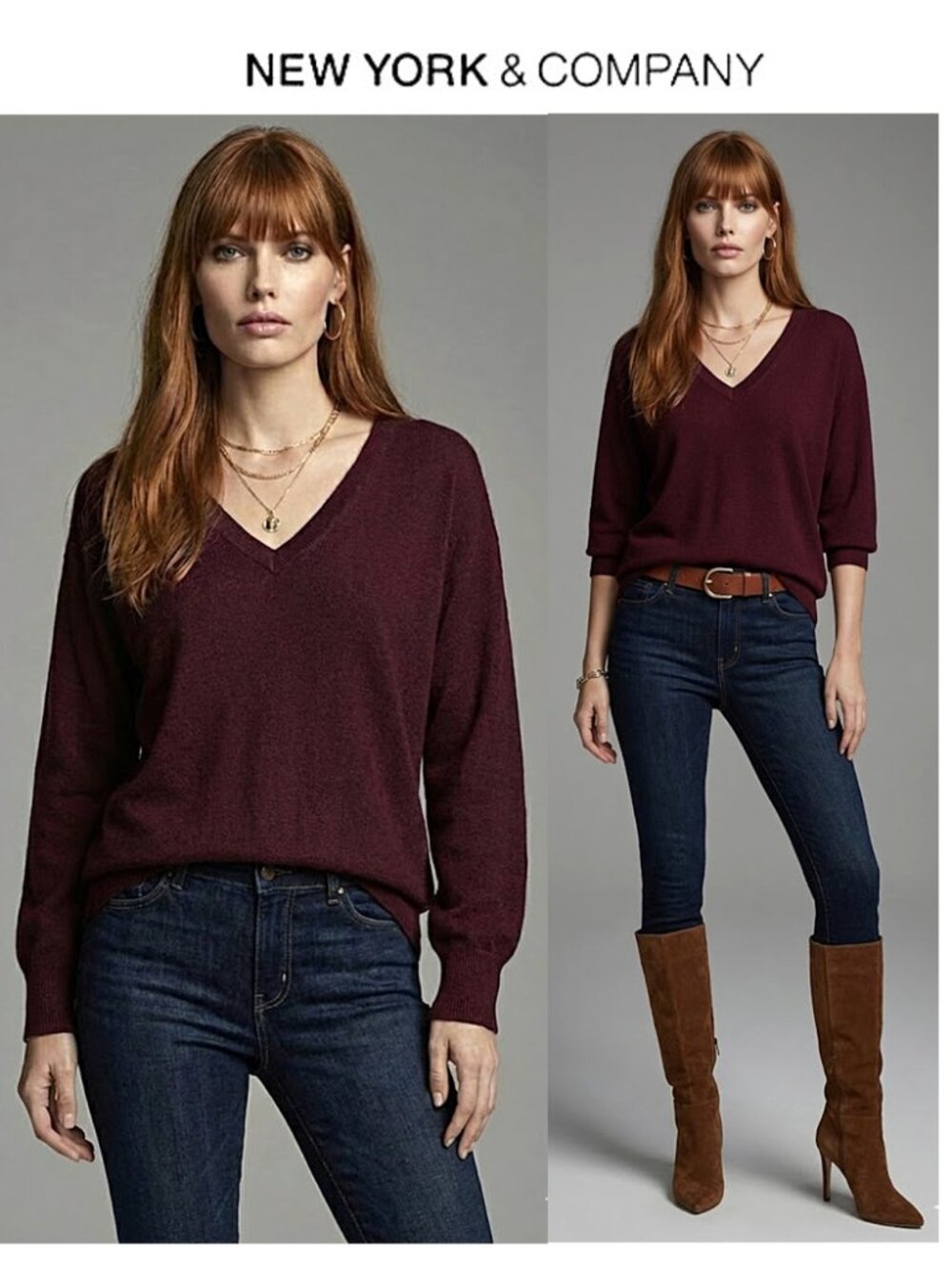 (3 for $30) NEW YORK & COMPANY - Burgundy pullover v-neck tunic sweater
